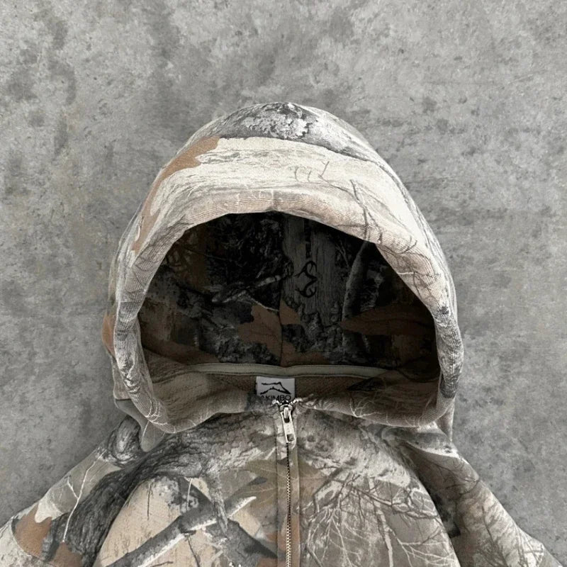 America Retro Zip up Hoodie Men Camouflage Pattern zipper Sweatshirt High Street Hip HopStreetwear Oversized Unisex Camo Hoodie