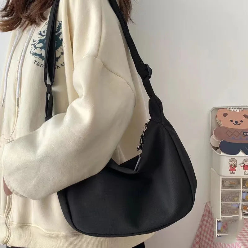 Canvas Crossbody Bag, Large Capacity Casual Shoulder Purse with Cute Bag Charm, Adjustable Strap for Teen School Sling Bag