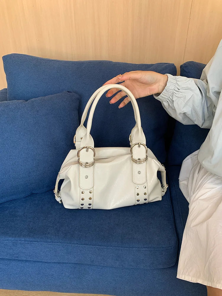 Fashion Rivet Women Shoulder Bag PU Leather Hot Girl Motorcycle Bag Bolsa Feminina Female Underarm Bag Ladies Big Handbag Black
