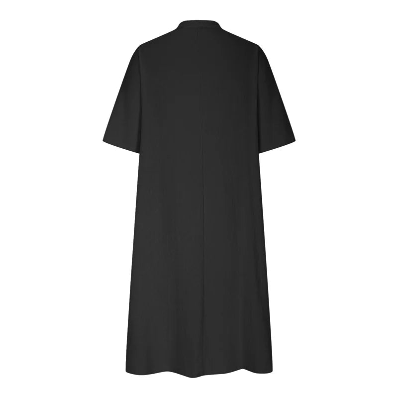 New Solid Color Cotton Linen Comfortable Casual Dresses Women Half Sleeve Loose Dress Gown Female Double Pocket Patchwork Frock