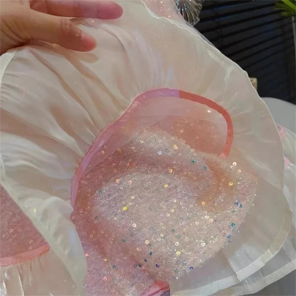 Bear Leader Bow Decoration Pink Girls Dress Summer New Sleeveless Mesh Sequin Princess Dresses Birthday Party Kids Clothes