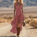 Women Halter Deep V Neck Sleeveless High Low Ruffle Maxi Dress Western Style Irregular Hem Summer Vacation Dress