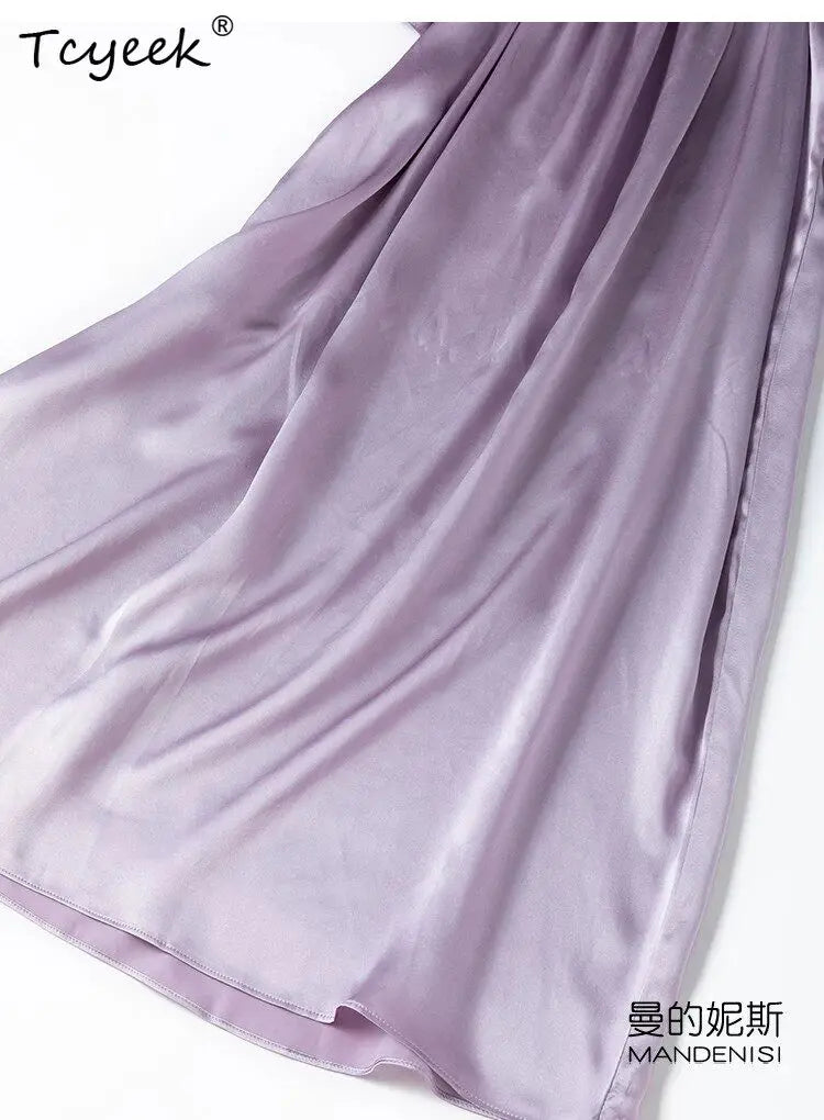 Tcyeek 21MM 100% Mulberry Silk Night Dress for Women Comfortable Sleepwear Women's Home Clothes Thin Purple Sommerkleid Damen