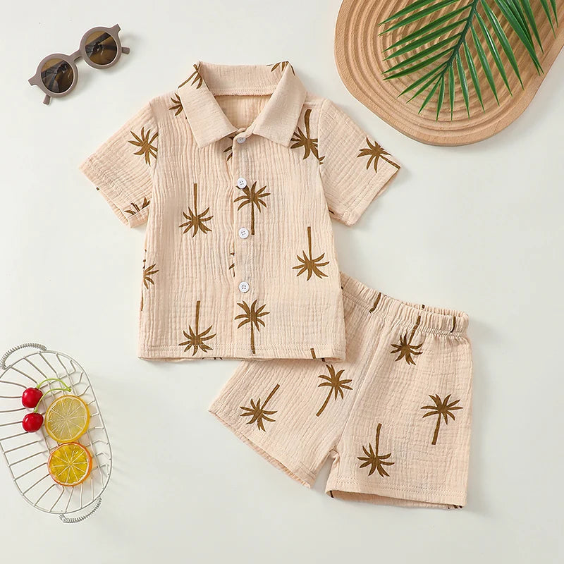 Palm Tree Print Baby Boys Summer Outfit Two Piece Set Button Up Shirt And Elastic Shorts