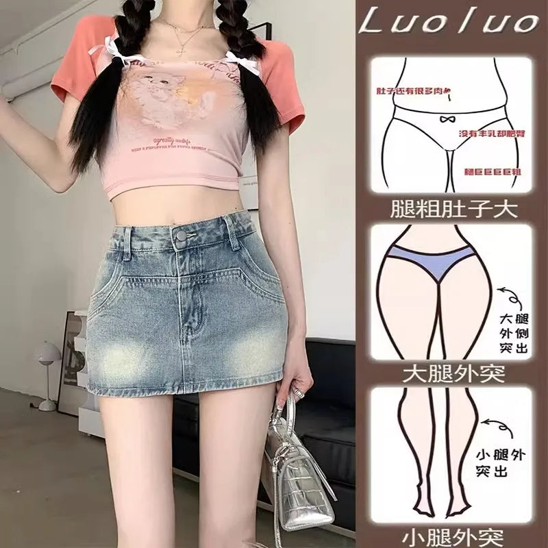 American Style Retro High Waist Denim  Skirt for Women Summer 2026 plus Size Hiding Hip Sexy Girl Short Skirt Pants