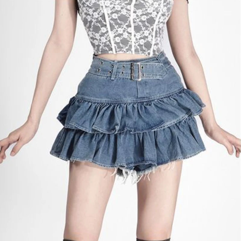 Mini Denim Skirts Women Summer Japanese Style Sweet Heart Ruffles Design Y2k Chic High Waist Distressed Aesthetic Fashion Faldas