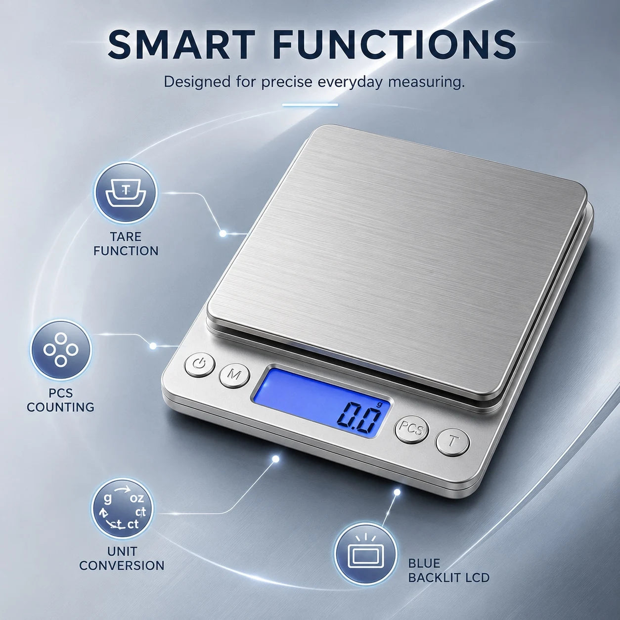 Báscula de cocina digital de acero inoxidable con pantalla LCD para pesar con precisión ingredientes de cocina y dietas