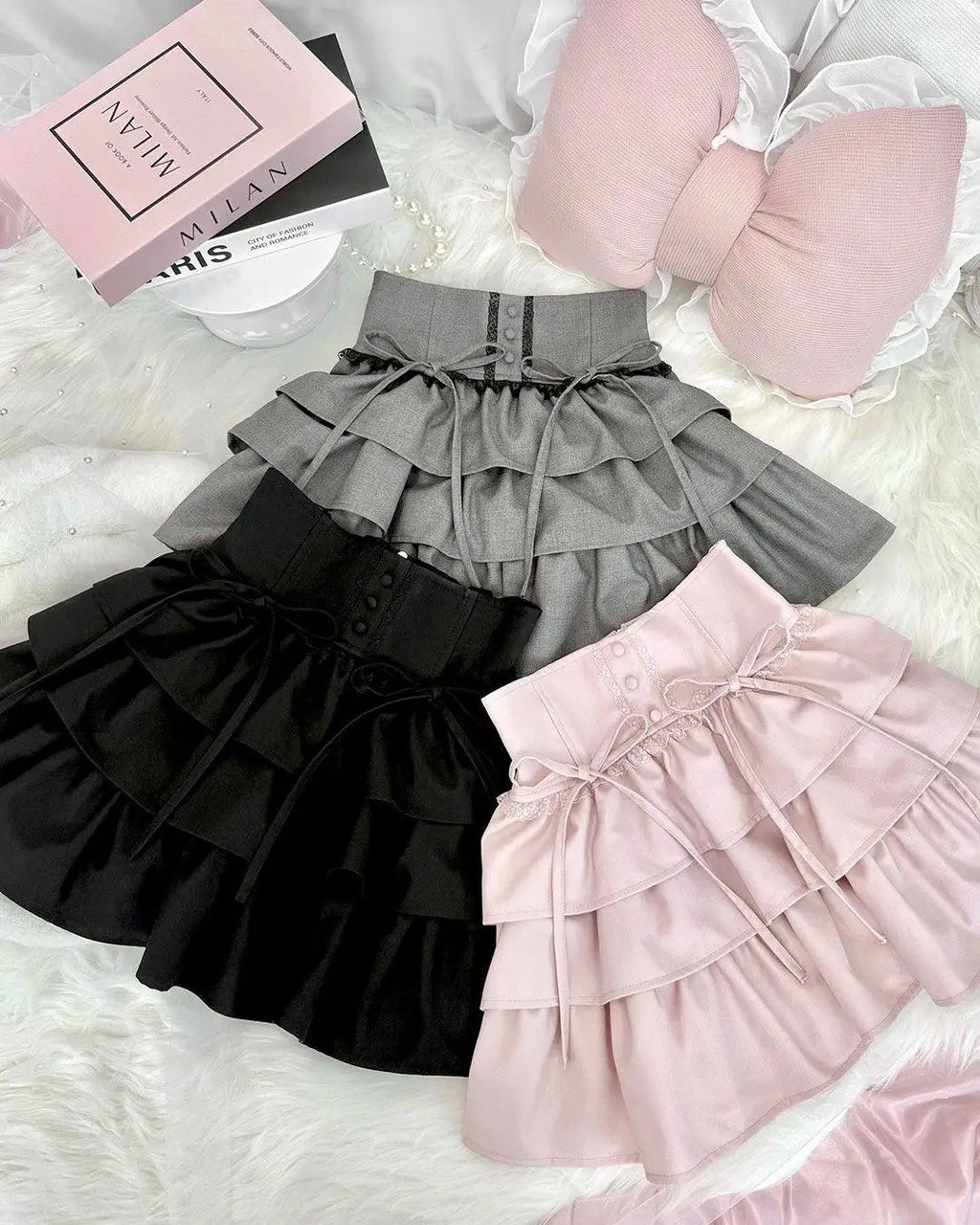 Sweet Cute Lace High Waist Puffy Skirt Japanese Style Kawaii Bow Tie Slimming Multi-layer Mini Skirt A-line Skirts for Women