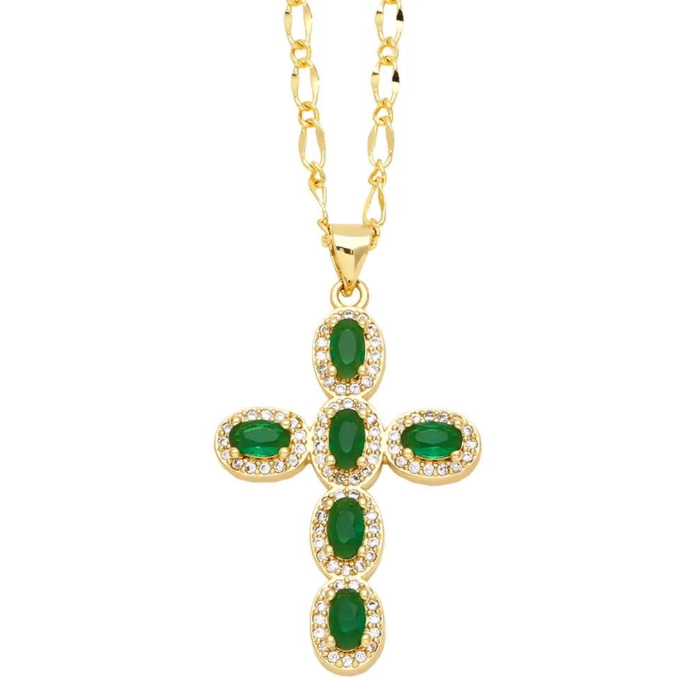 Fashion Personality 1 Piece Necklace Elegant Women'S'S Micro Inlaid Colorful Round Zircon Cross Necklace