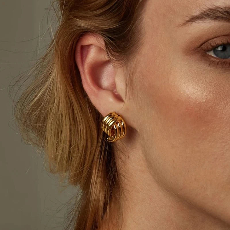 Fashion Glossy Three-Layer Textured Intersecting Knot Earrings For Women'S Gold Color Stainless Steel Earring Vintage Jewelry