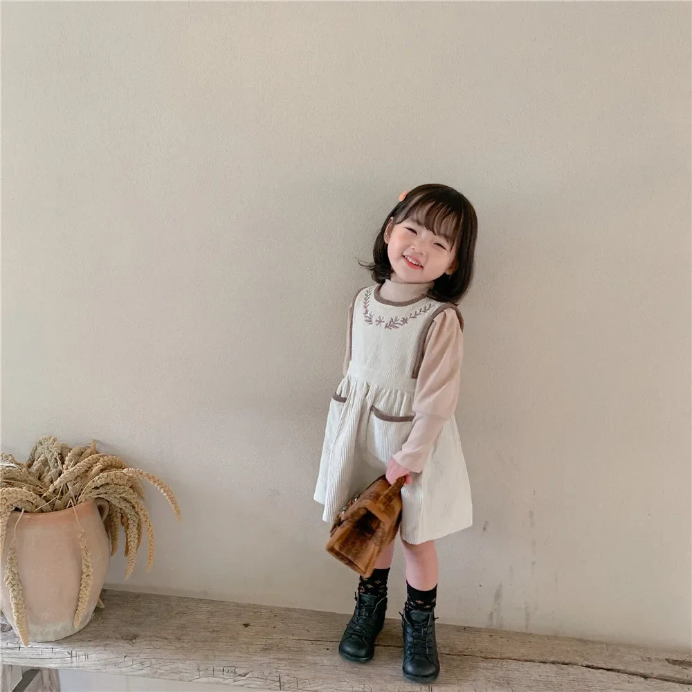 2025 Vinatge Baby Corduroy Sleeveless Dress Little Girls Sundress and Long Sleeve Tops Autumn Winter  Two Piece Set Children