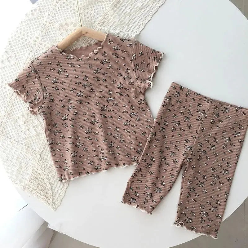 2026 Summer Fashion New Short Sleeve Round Neck Flower Printed T-shirt Top+Pants 2 Piece Set Kids Casual Home Clothes