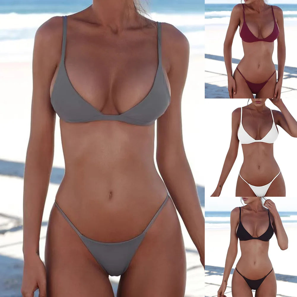 Women's Solid Color Two-Piece Bikini Set – Wire-Free Beach Swimsuit