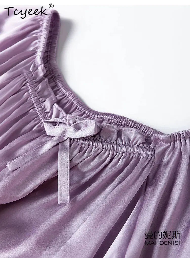 Tcyeek 21MM 100% Mulberry Silk Night Dress for Women Comfortable Sleepwear Women's Home Clothes Thin Purple Sommerkleid Damen