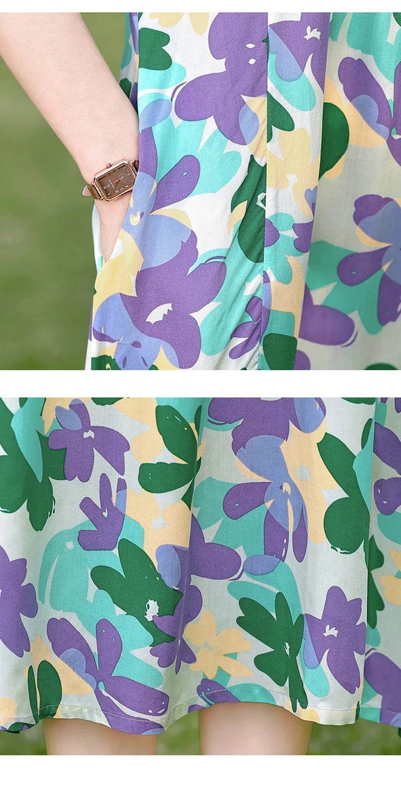 New Print plus size 2026 New Fashion Floral Printed Summer Dress Vestidos Elegant Short Sleeve Slim O-Neck Party Women clothing