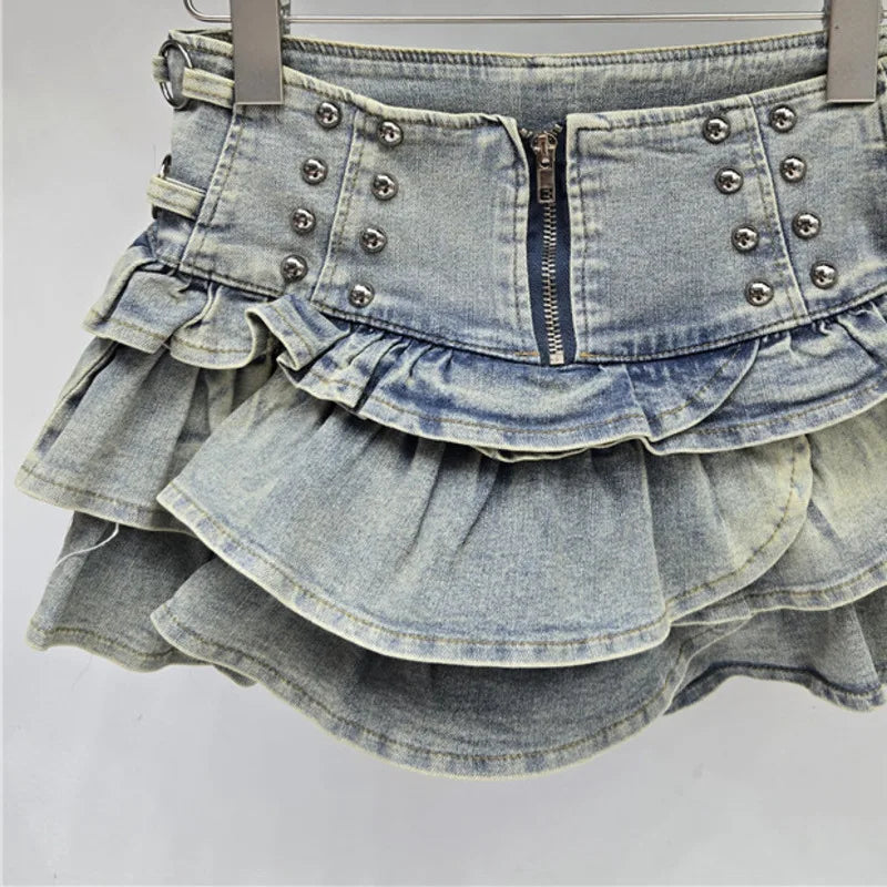 DEAT Women's Denim Skirts Rivet Design A-line High Waist Zipper Ruffles Hem Mini Short Skirt Summer 2026 New Fashion 29A6725