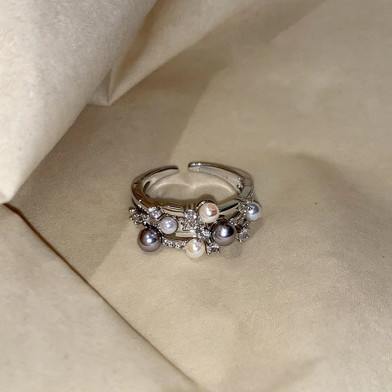 Cold Wind Imitation Pearl Zircon with Multi Layer Metal Open Rings 2026 Gothic Girl's Trendy Jewelry Luxury Jewelry For Women