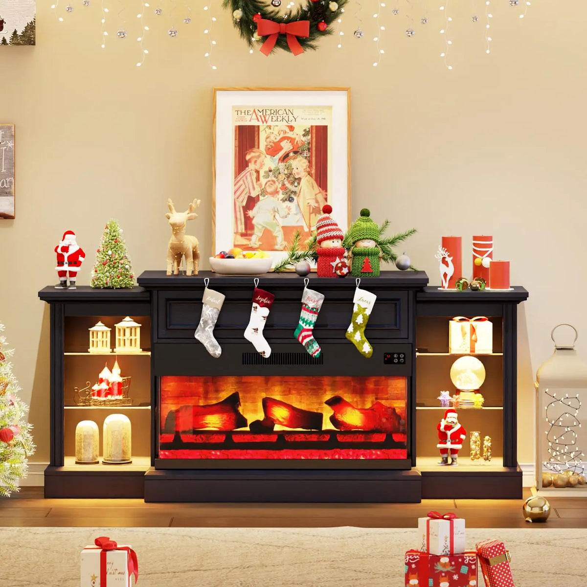 60" Farmhouse TV Stand with 28" Electric Fireplace for 65" TVs
