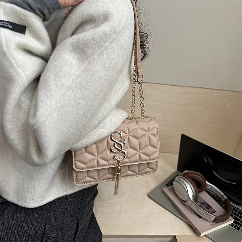 Fashionable Small Fragrant Style Argyle Quilted Small Square Bag Metal Letter Tassel Diagonal Cross Bag Commuter Shoulder Bag