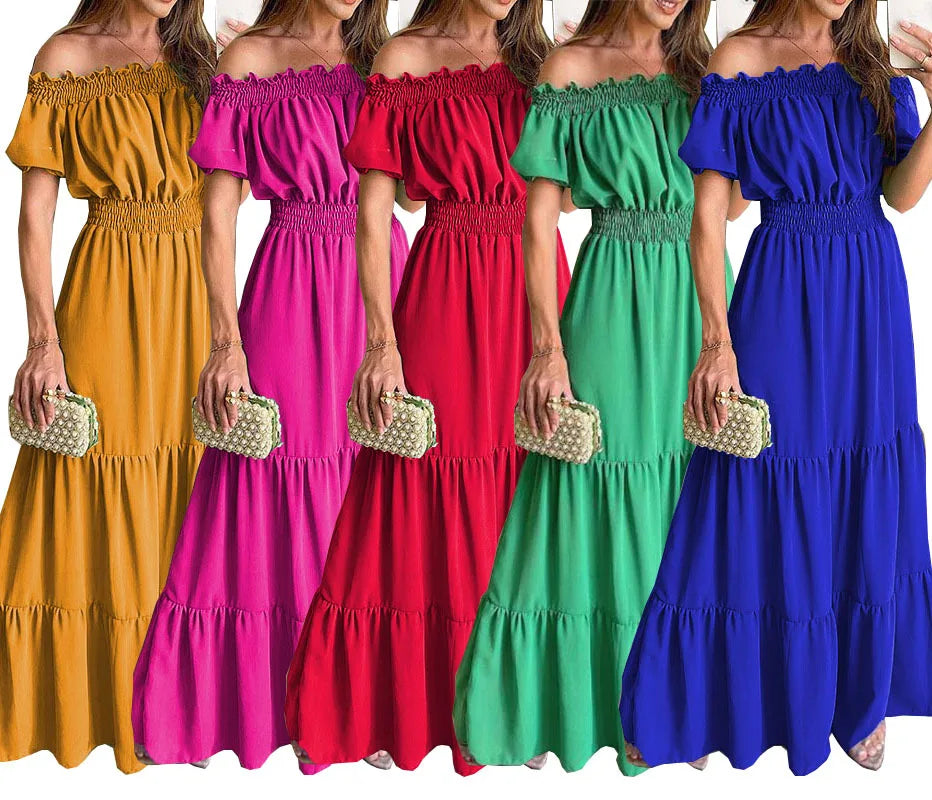 Summer Sexy Off Shoulder Slash Neck Ruffle Beach Party Dress Elegant Women Fashion Red Lace-up Pleated Holiday Long Dresses Robe