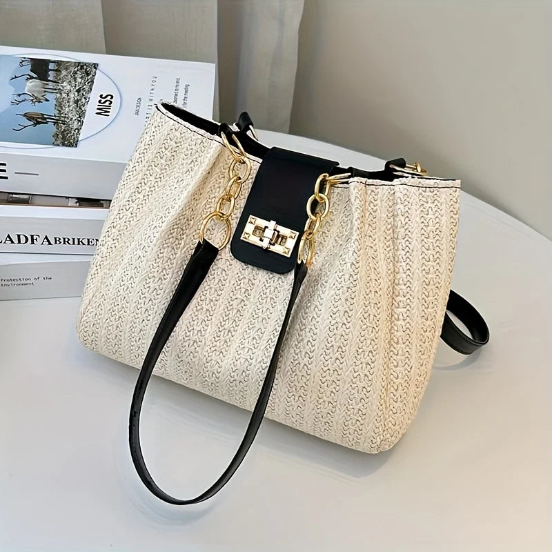 Grass Woven Patchwork Leather Korean Version Shoulder Bag Fashionable Women's Woven Handbag Suitable for Beach Parties Occasion
