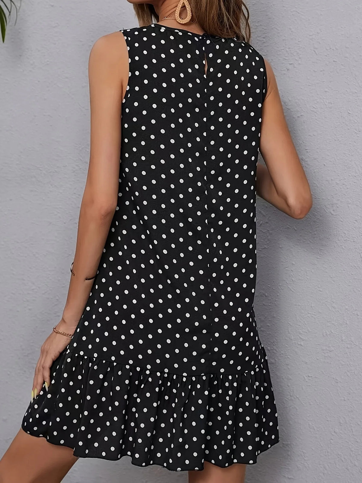 Women's Polka Dot Sleeveless Ruffle Hem Mini Dress, Casual Round Neck A-Line Tank Dress for Summer Beach & Daily Wear