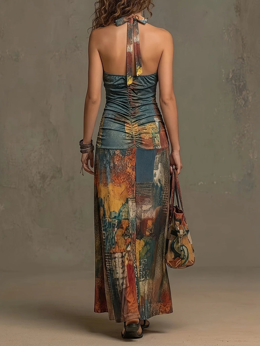 Western Retro Patchwork Print Halter Long Dress Women Ruched Bust Side Slit Bodycon Bohemian Beach Maxi Dress