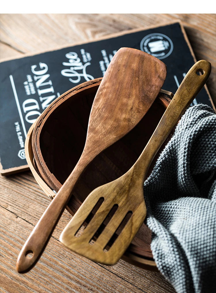 Cucharas de madera para cocinar de 9 piezas, utensilios de madera para cocinar con soporte para utensilios, juego de utensilios de cocina de madera de teca