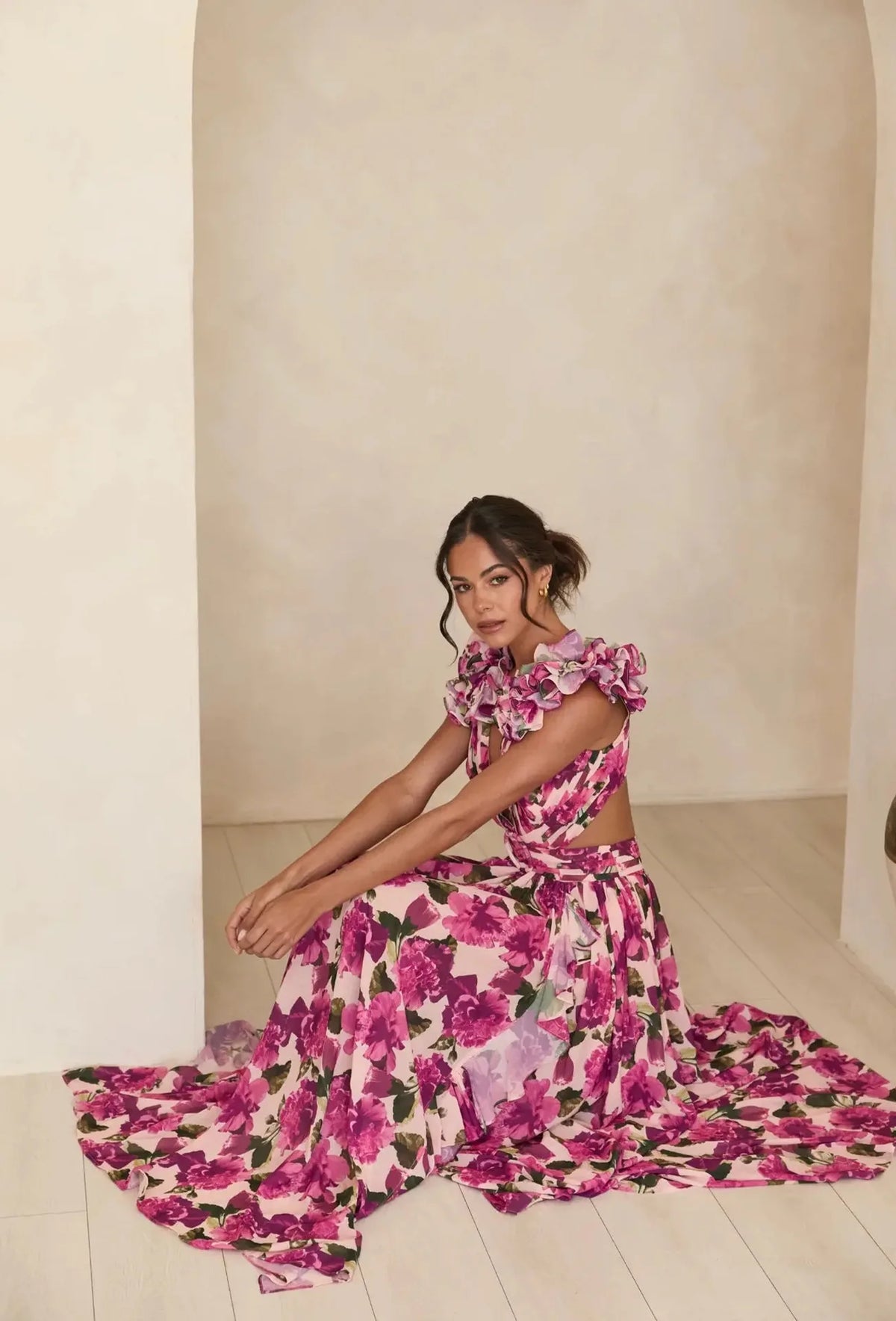 Floral Dress Women Spring Summer Deep V Neck Ruffle Hem Hollow Out Backless Maxi Dresses Bohemian Beach Sundress Outfit