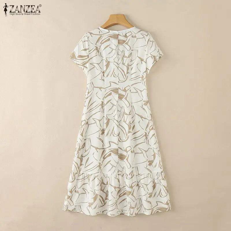 ZANZEA Women's Floral Printing Midi Dress V-Neck Short Sleeve Ruffled Hem Long Dress Summer Casual Daily Wear Robes Femme 3XL