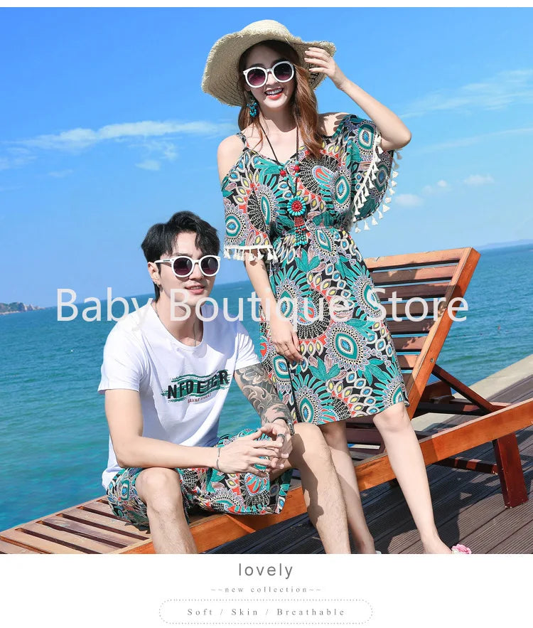 2025 Elegant Floral Girls Dress Family Matching Summer Outfit Off-Shoulder Midi Boho Dress Boys Set Fashionable Beach Vacation