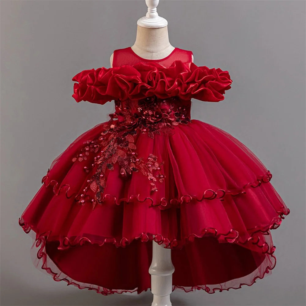 Fashion Pink Flower Girl Party Dresses Wedding Birthday Tulle Princess Dress for Kids Graduation Pageant Bridesmaid Kids Costume