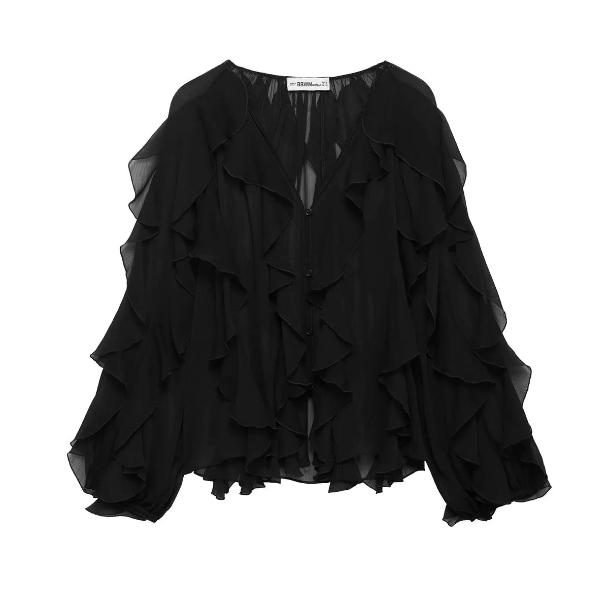 Women Fashion Solid Ruffled Blouse Vintage V-Neck Long Sleeves Female Chic Lady Shirts