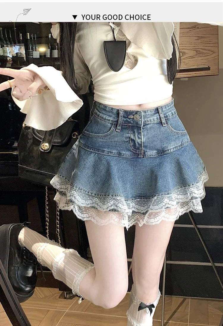 Summer Denim Skirt Women Fashion Streetwear Ruffles Kawaii Lace Skirts Shorts Preppy Mini Y2K School Pleated Jeans Skirt 2026