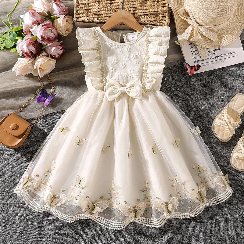 2026 New Children Cute Puff Dresses Kids Bow Embellish Butterfly Print Skirt Girls Birthday Party Trend Gown Baby Sweet Clothes