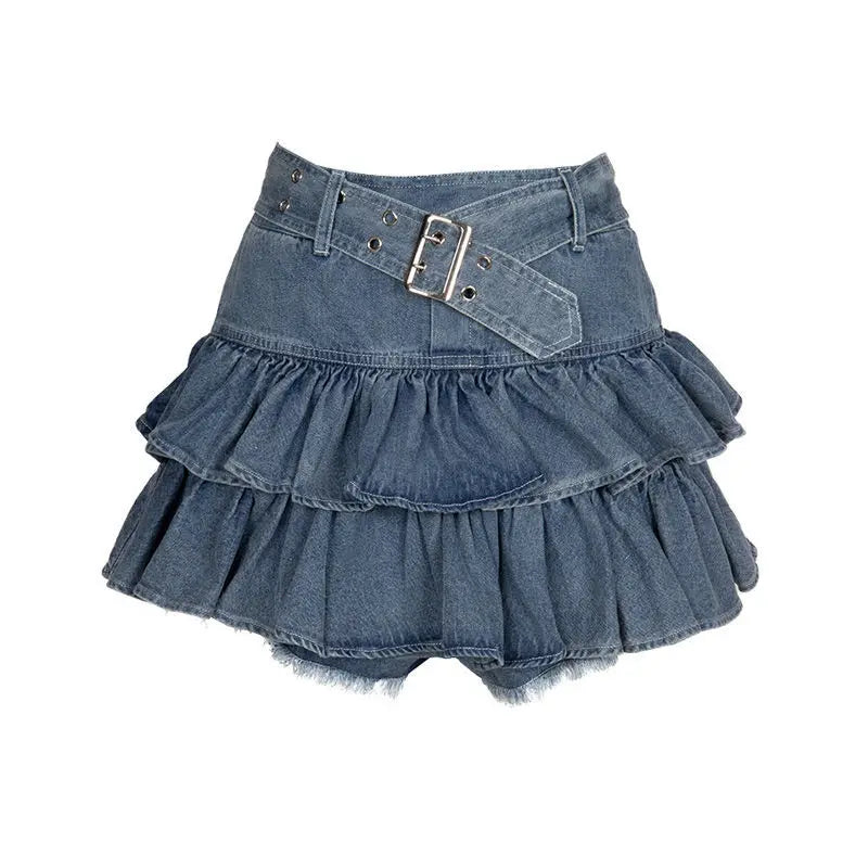 Mini Denim Skirts Women Summer Japanese Style Sweet Heart Ruffles Design Y2k Chic High Waist Distressed Aesthetic Fashion Faldas