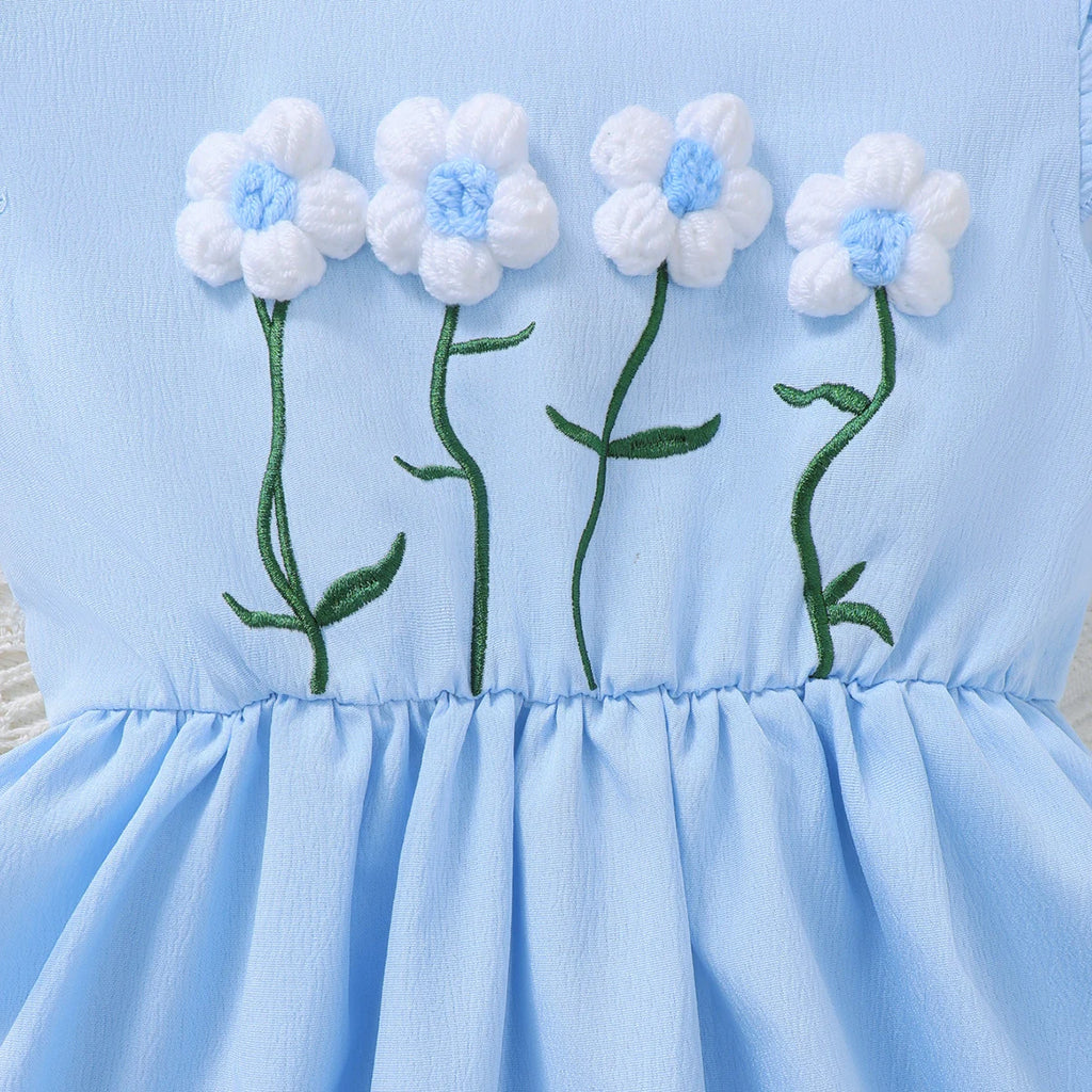 3PCS Fashion Girls 1-6 Years Old Summer Blue Sweet Sleeveless A-line Children's Dress 3D Wool Flower+Small Pocket Casual Dress