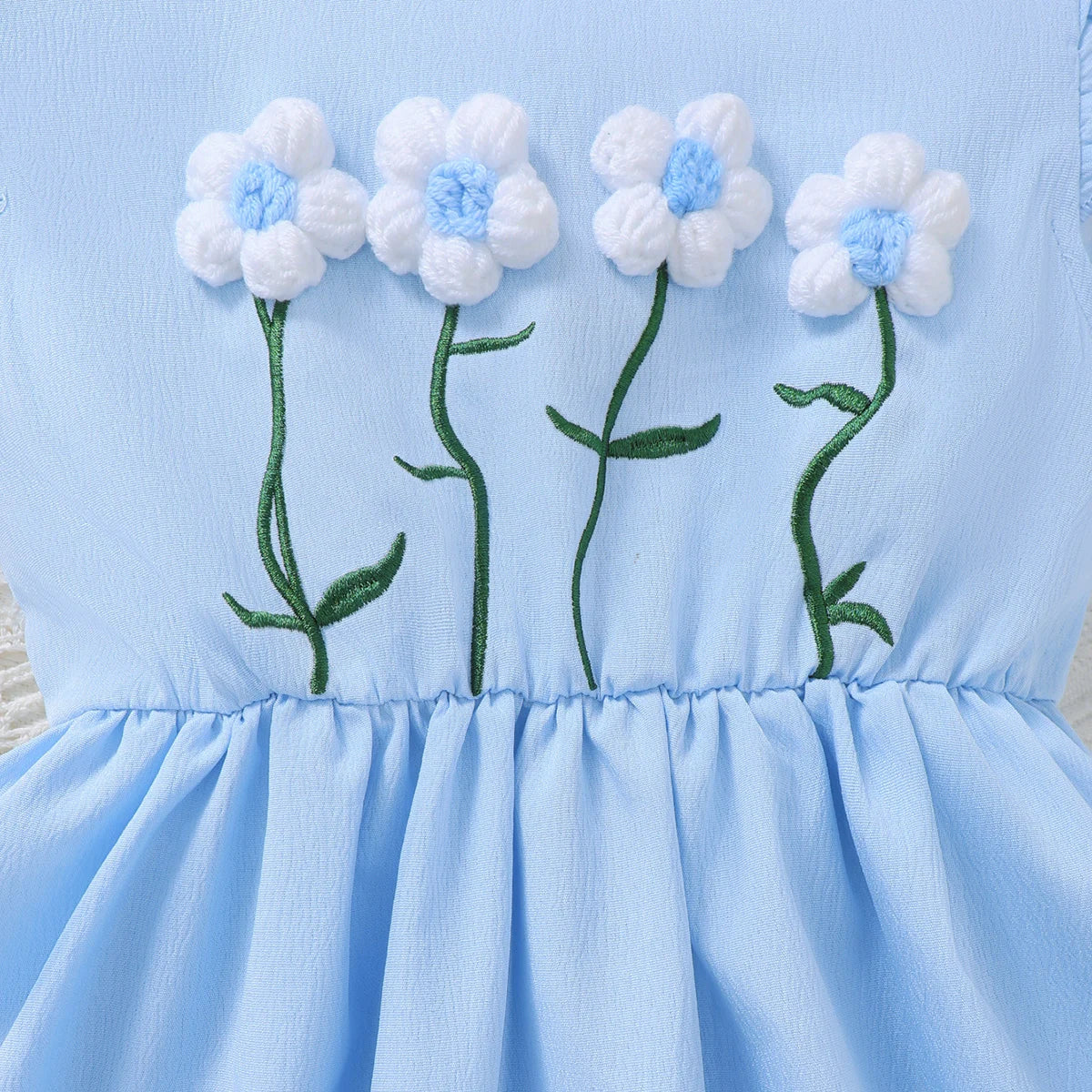 3PCS Fashion Girls 1-6 Years Old Summer Blue Sweet Sleeveless A-line Children's Dress 3D Wool Flower+Small Pocket Casual Dress