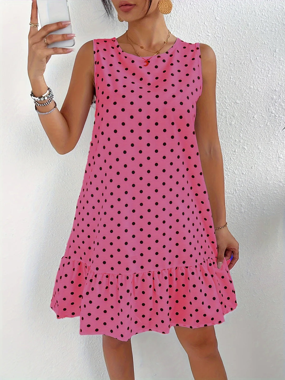 Polka Dot Princess Sleeve Dress with Ruffle Hem Knitted Mid-Length Vintage Style Casual Sporty Fit Chinese Nylon Fabric