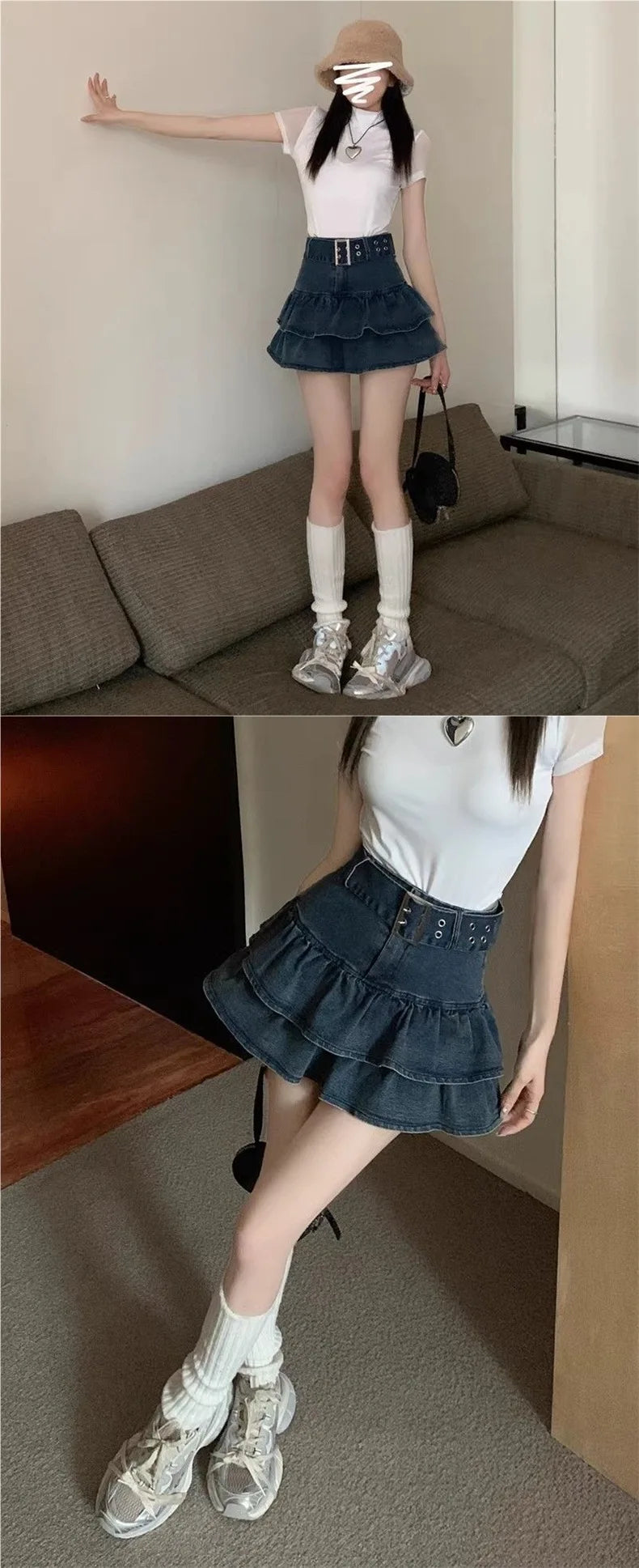 High Waist Short Denim Skirt Women's Summer Dopaamine Design Slimming A-Line Skirt with Lace Trim Super Short Casual Skirt