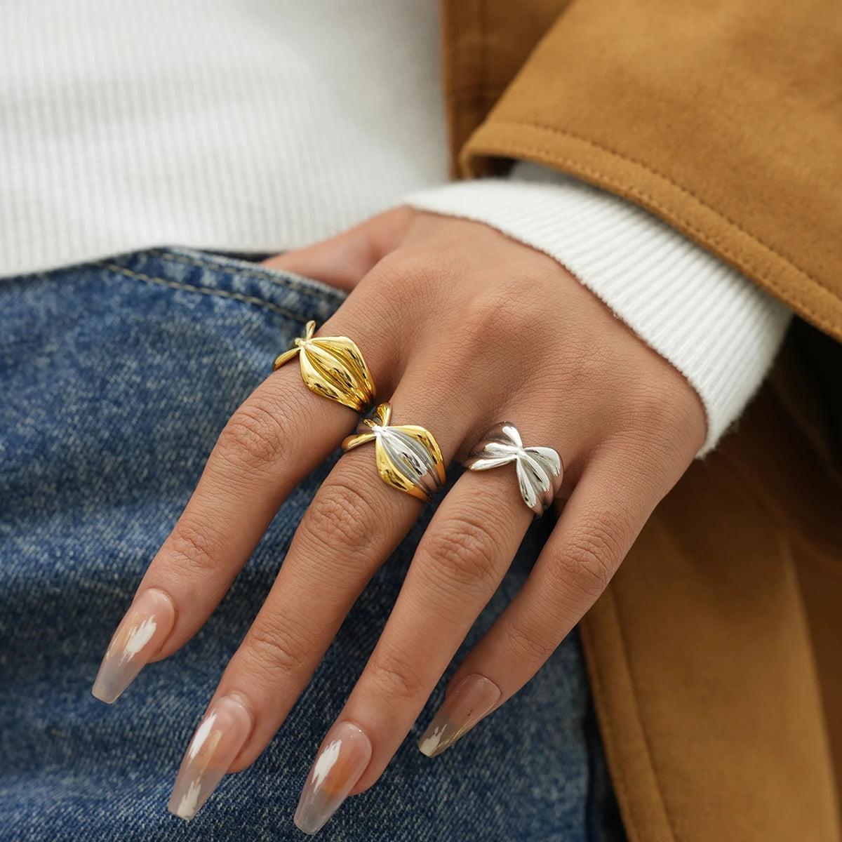 Stainless Steel Open Rings For Women'S 18K Gold Plated Fashion Couple Handmade Irregular Lines Ring Jewelry For Women'S