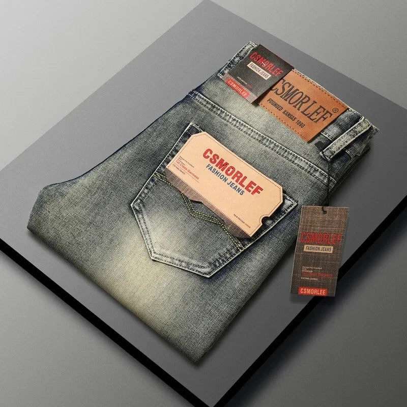 Men's Thin Jeans 2026 Spring Summer Regular Fit Denim Trousers With Stretch Washed Light Blue