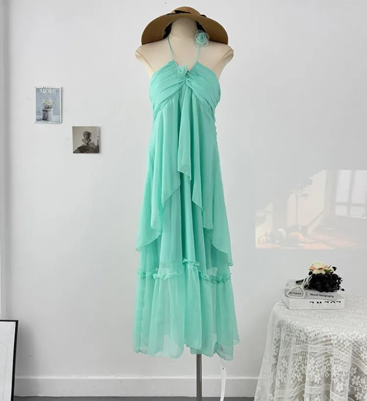 French style three-dimensional flower hanging neck lace-up dress women's summer vacation style sexy backless big swing skirt
