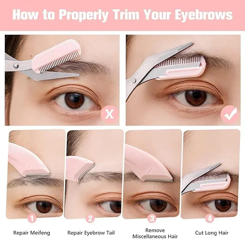Eyebrow Trimmer Set, Curved Razor & Scissors With Comb, Easy Use Tools, Perfect Grooming Kit for Beginners Daily Eyebrow Care