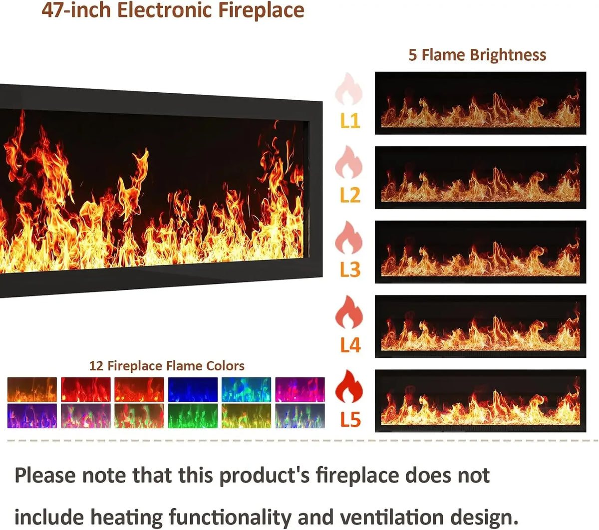 94.5" Natural Fireplace Tv Stand with 47 inch Electronic Fireplace, Unheated Entertainment Center with 5 Flame Brightness and 12