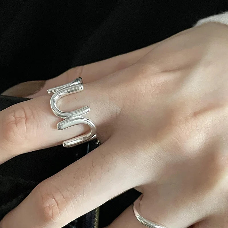 Panjbj 925 Sterling Silver Lines Ring For Women'S Jewelry Finger Adjustable Open Vintage For Birthday Dropship