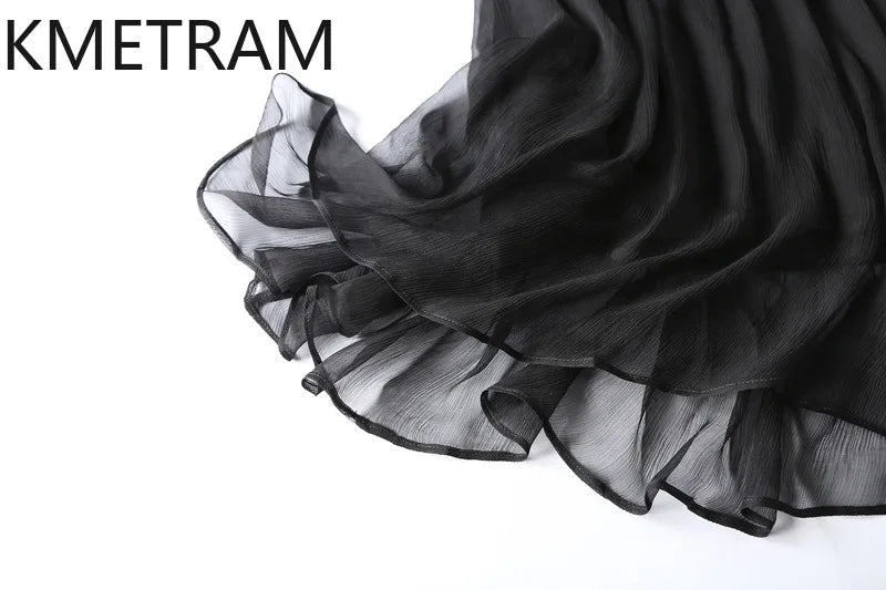 KMETRAM 100% Natural Mulberry Silk Dresses 2025 Woman Summer Elegant V-neck Long Dress Party Frocks Women Clothing Vestidos