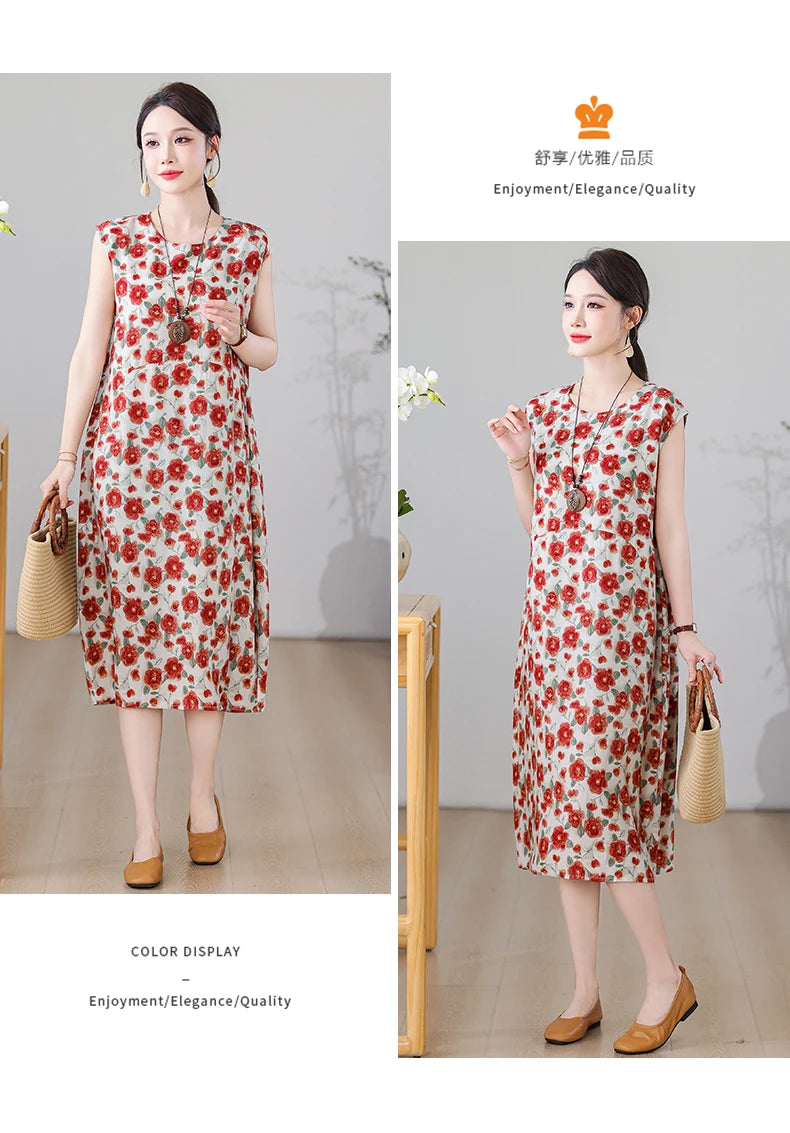 New Fashion Vintage Floral Print  Sleeveless Casual Party Femme Summer Dresses For Women 2025 O-neck Straight Women Clothing