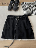 Beiyingni American Style Women's Short Denim Skirt Belt Vintage Fashion Summer High Waist A-line Skirts Female Streetwear Skirt