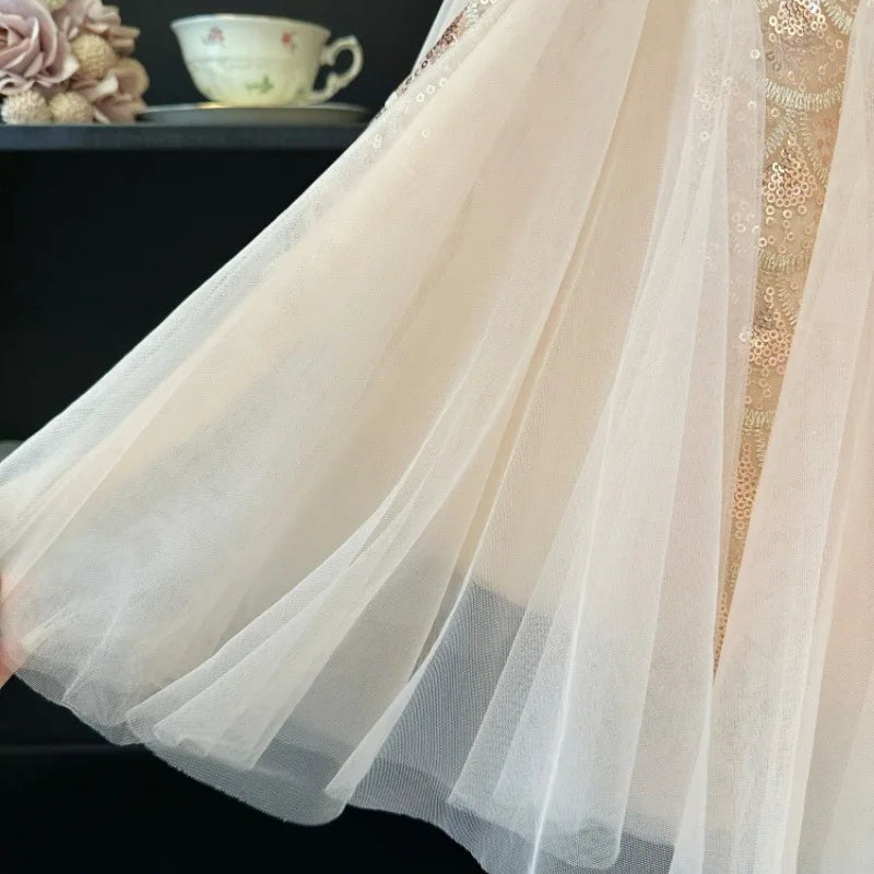 2026 New Summer Party Dresses for Girls Children's Elegant Fashion Mesh Flying Sleeves Sequined Tank Top Princess Skirt S3069